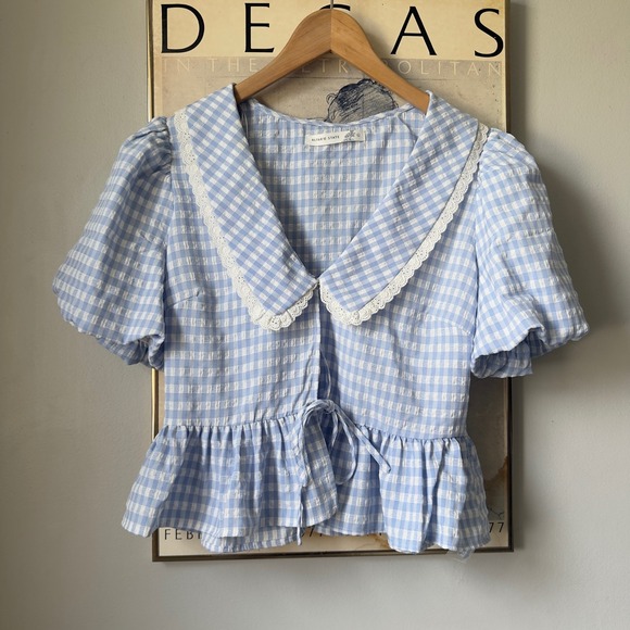 Altar'd State Tops - Coquette Blue White Gingham Peter Pan Collar Peplum Puff Sleeve Blouse Large